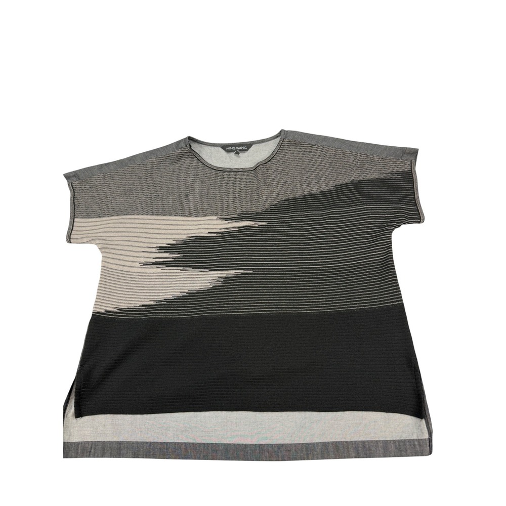 Ming Wang PS Petite Knit Colorblock Mixed Media Short Sleeve Top Grey Black